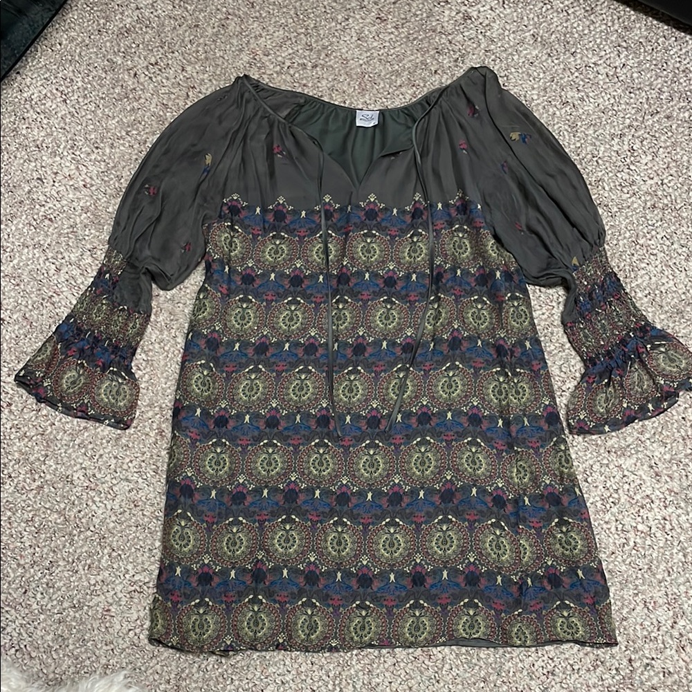 100% silk Bohemian Patterned dress with Flared Sleeves